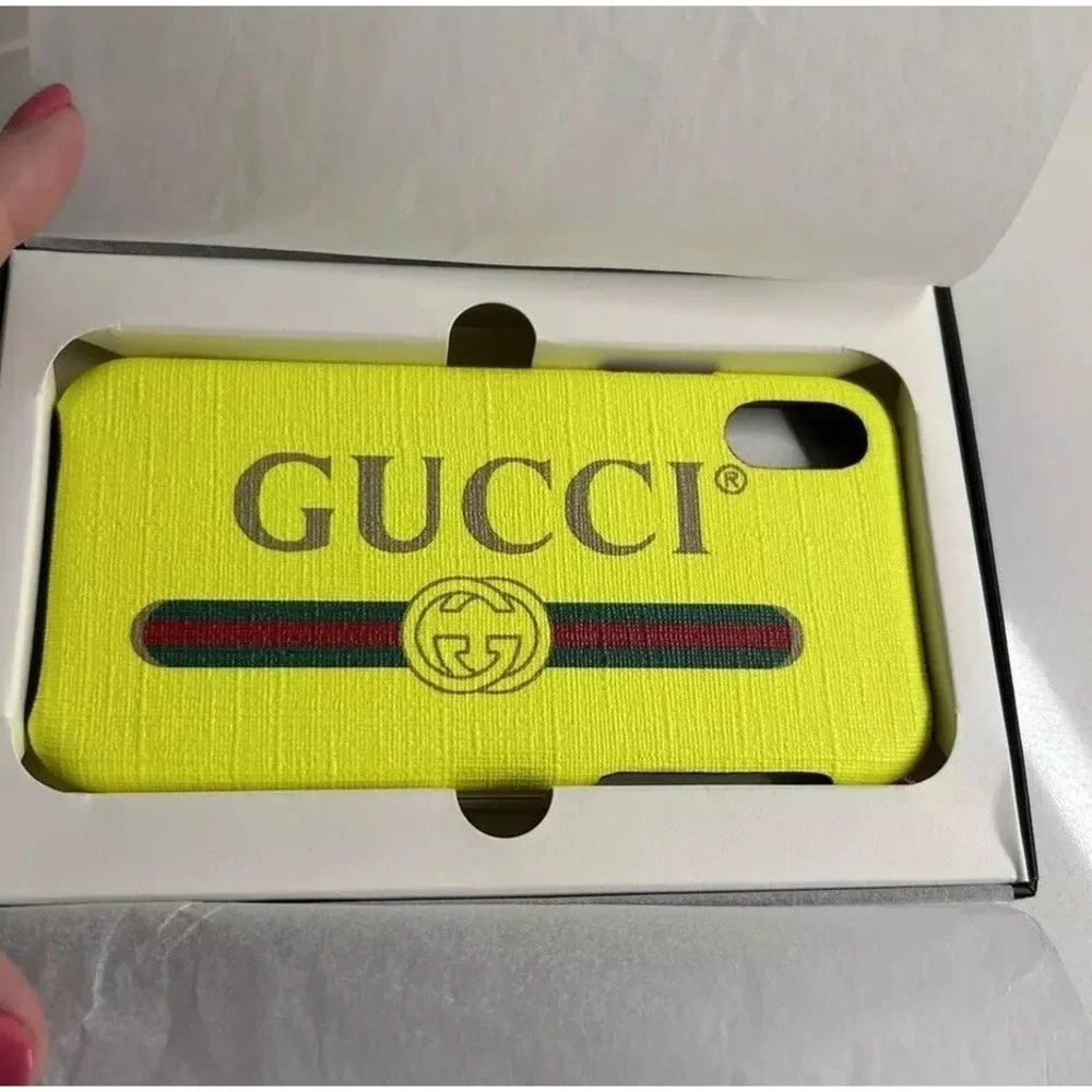 Gucci Spellout Box & Fluorescent Yellow iPhone X Textured Case Retro Logo